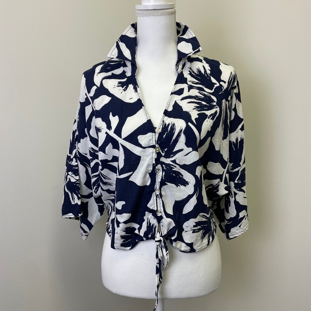 Calypso St Barth Navy White Floral Linen Tie Front Cropped Top Small Resortwear